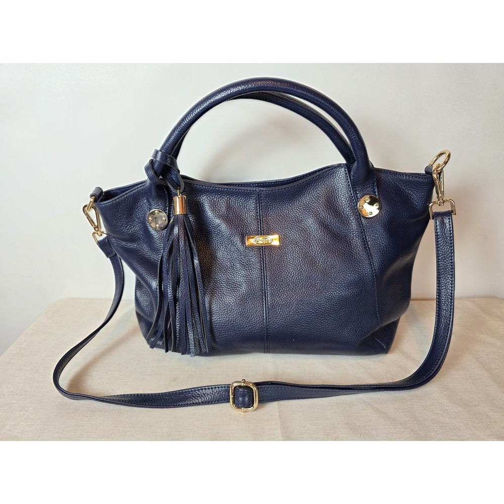 Onna Ehrlich Navy Blue L Satchel Crossbody Pebbled Leather Handbag Classic EUC